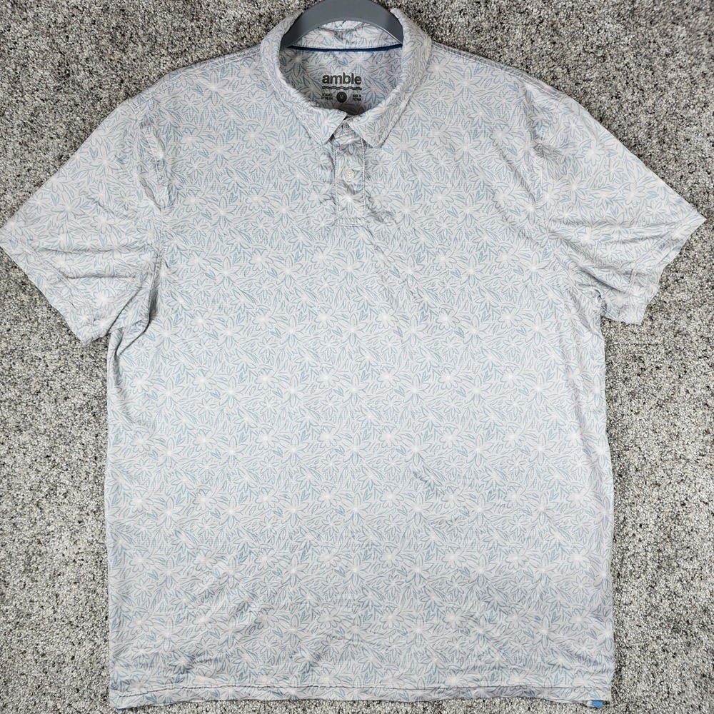 Amble Polo Shirt Mens Medium Blue Floral Performance Recycled Stretch Excellent